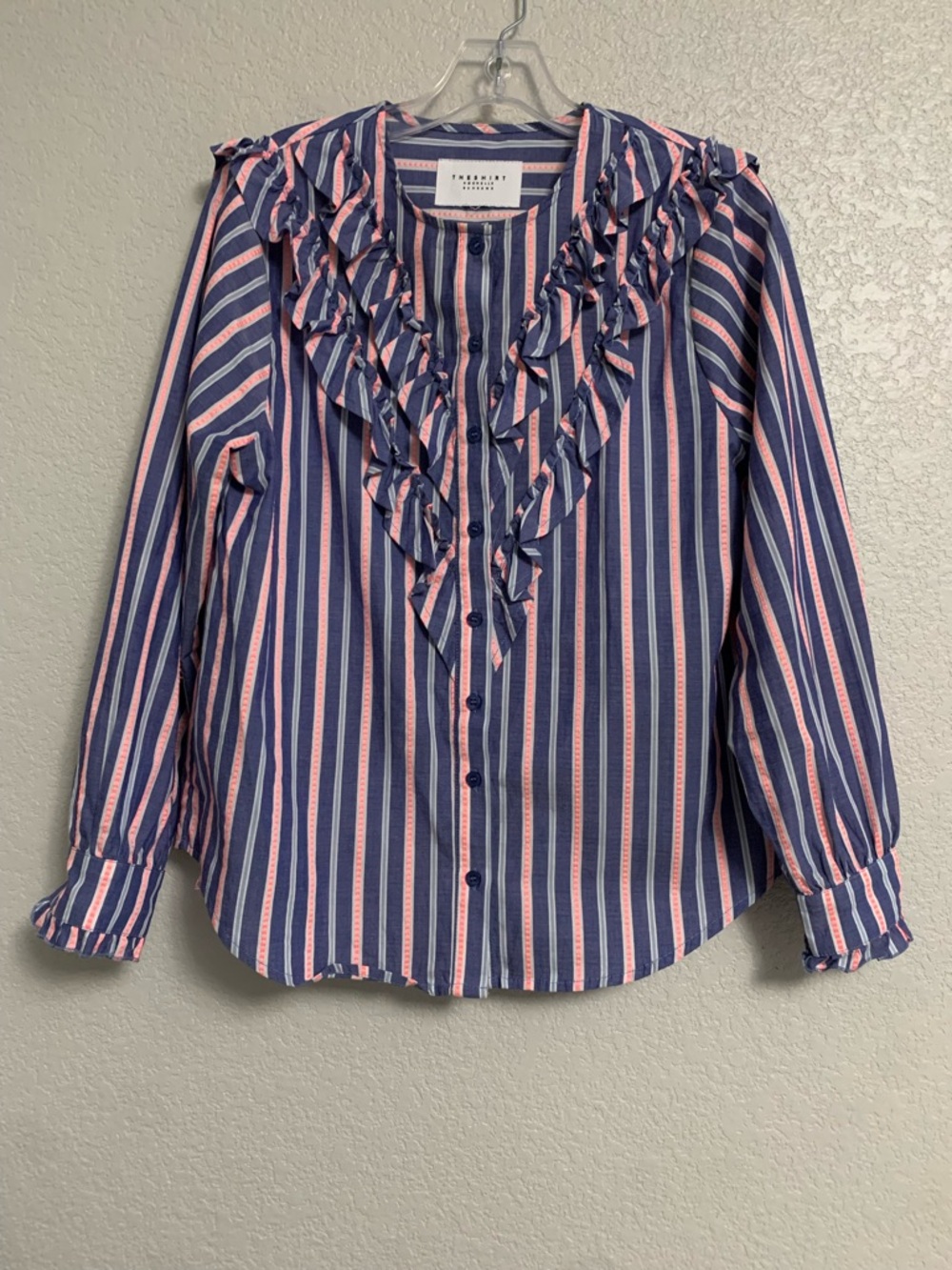 The Shirt Rochelle Behrens Top Womens L Lindsay Striped Ruffle Preppy Colorful